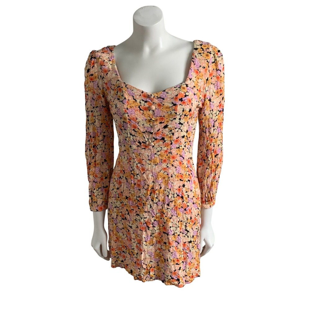 Billabong Floral Mini Dress Small Orange Purple Boho Smocked Back Excellent